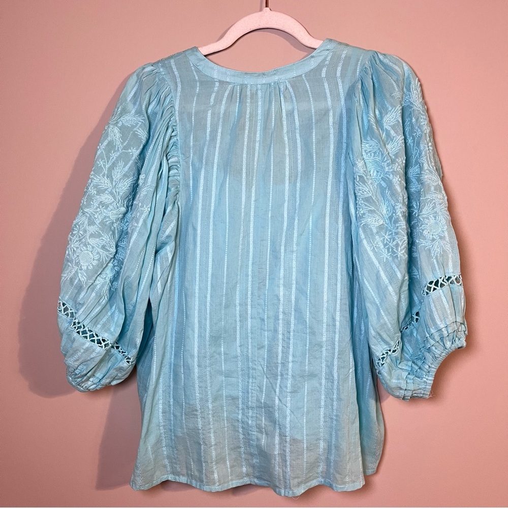 Sundance Embroidered Balloon Sleeve Eyelet Cotton Popover Blouse Blue Small - Picture 5 of 7